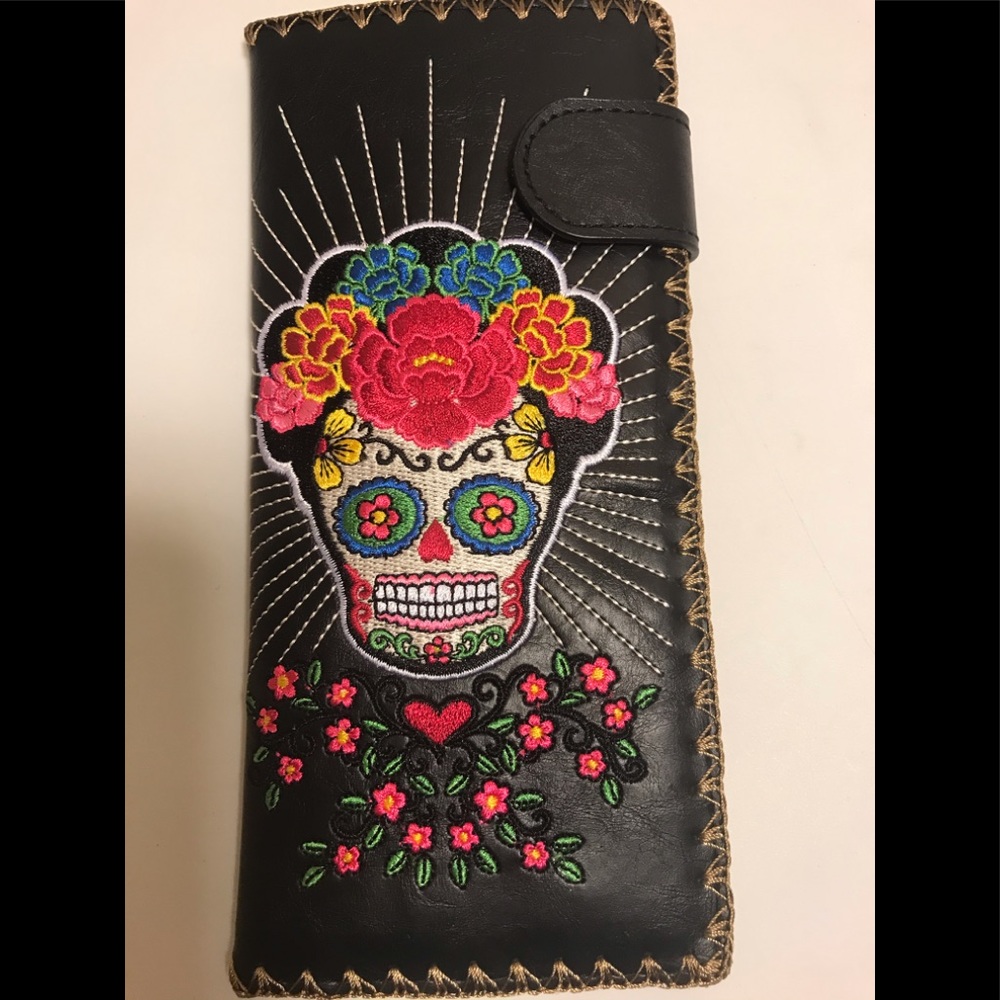 New fiesta sugar skull embroidered vegan wallet lg